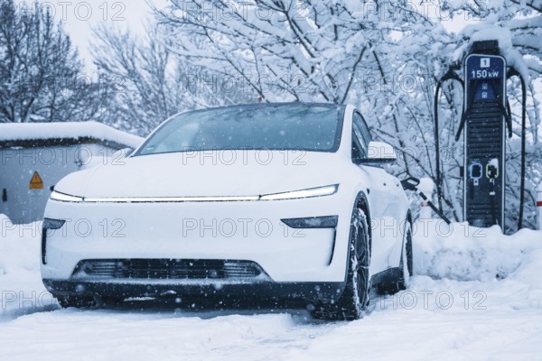 White electric car covered with snow next to a charging station in winter scenery, Tesla Model Y electric car, ENBW charging station, Waldachtal, Freudenstadt district, Germany