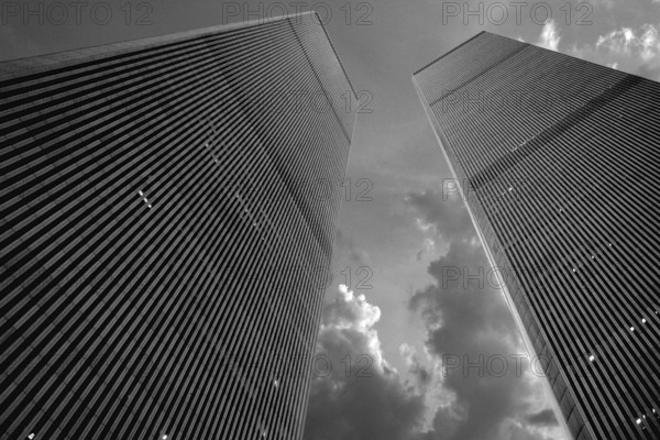Towers from the World Trade Center, evening sky, black and white, September 2000, New York City, USA, historical photo, towers were destroyed on September 9, 2001