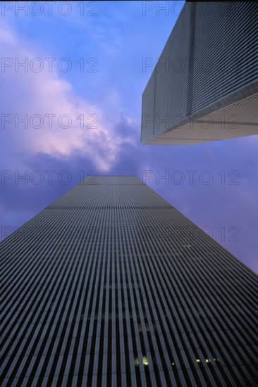 World Trade Center towers, cloudy sky, September 2000, New York City, USA, historical photo, towers destroyed on September 9, 2001