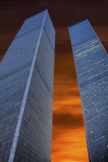 Towers from the World Trade Center in the evening, September 2000, New York City, USA, historical photo 1986, towers were destroyed on September 9, 2001