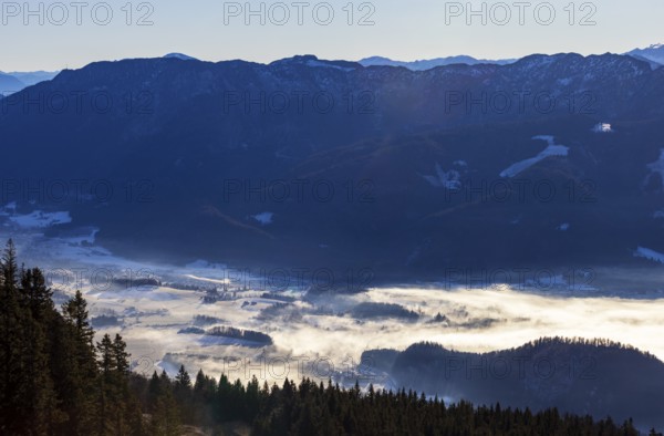 View from Vormauerstein to Strobl am Wolfgangsee, inversion weather, Osterhorn Group, Salzkammergut, State of Salzburg, Austria