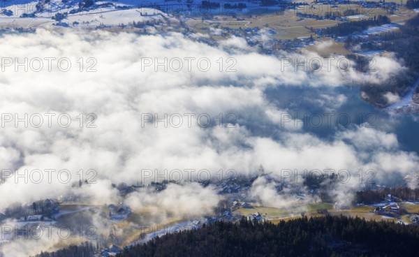 View of a sea of fog from Vormauerstein, Sankt Wolfgang am Wolfgangsee, church tower rising out of the fog, inversion weather, Osterhorn Group, Salzkammergut, Province of Salzburg, Austria