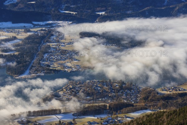 View of a sea of fog from Vormauerstein, Sankt Wolfgang am Wolfgangsee, inversion weather, Osterhorn Group, Salzkammergut, Salzburg region, Austria
