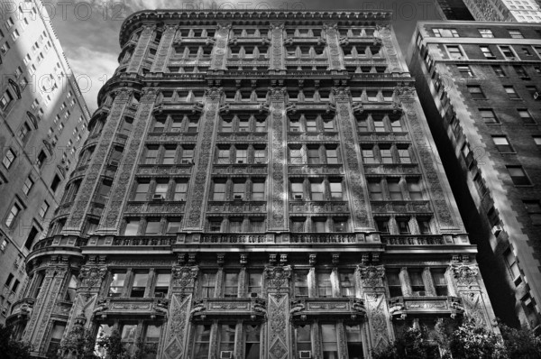 Decorative high-rise building facade, black and white, New York City, USA