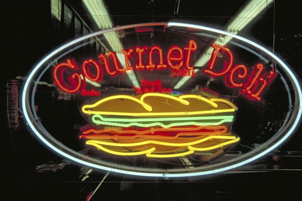 Illuminated advertising at an Indian restaurant, New York City, USA