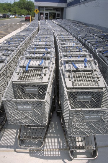 Shopping trolleys pushed together in front of a supermarket, Newton, New Jersey, USA