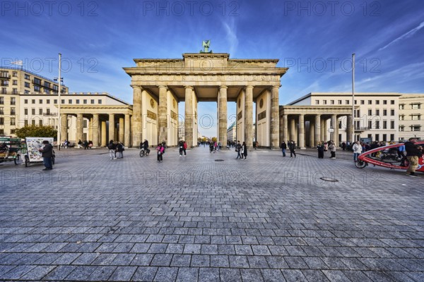 Brandenburg Gate, Triumphtor, classicism style, columns, general architecture, commercial buildings, flagpoles, pedestrians as accessories, blue sky, cirrus clouds, dramatic image processing, 18th March Square, Berlin, capital, district-free city, federal state of Berlin, Germany