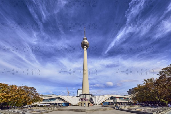 Berlin TV Tower, square, stone staircase, general architecture, pedestrians as accessories, trees, blue sky, cumulus clouds, cirrus clouds, dramatic image processing, panoramic road, Berlin, capital, district-free city, federal state of Berlin, Germany
