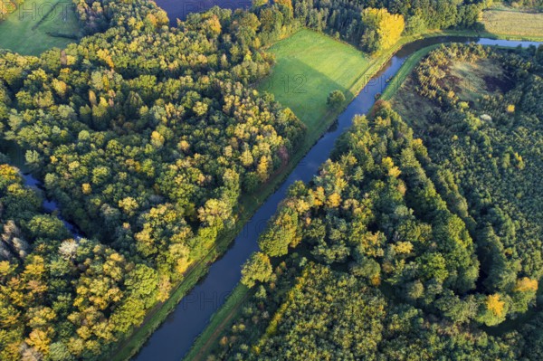 Aerial view of Hunte in autumn, Pestrup, Wildeshausen, Lower Saxony, Germany