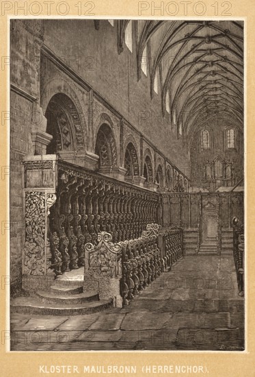 Herrenchor in Maulbronn Abbey, interior, former Cistercian abbey, medieval monastery complex, benches, cross vaults, architecture, construction, Baden-Württemberg, Germany, historical illustration 1888