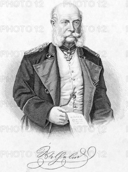 Portrait with signature of Wilhelm I (1797 Berlin - 1888 Berlin) King of Prussia and Emperor of Germany, Hohenzollern, beard, medal, jacket, serious look, document in hand, steel engraving, historical illustration 1888