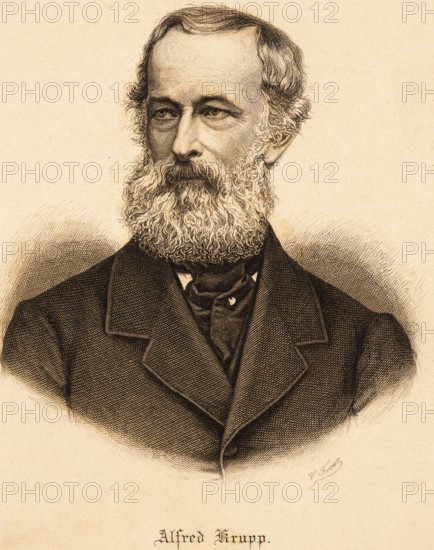 Portrait of Alfred Krupp (1812 Essen, 1887 Essen), industrialist and inventor, Ruhr area, Krupp's cast steel factory, ThyssenKrupp AG, introduction of health insurance, construction of company housing, important invention of the seamless wheel tyre, social reforms, full beard, suit, serious look, steel engraving, historical illustration 1888