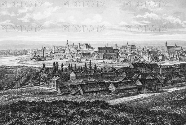 City view of Krakow on the Vistula, numerous churches, factory, landscape, Poland, historical illustration 1888