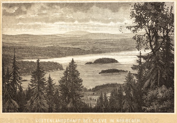 Norwegian coastal landscape near Kleve, view of a fjord, wooded islands, mountainous landscape, fells, Norway, historical illustration 1888