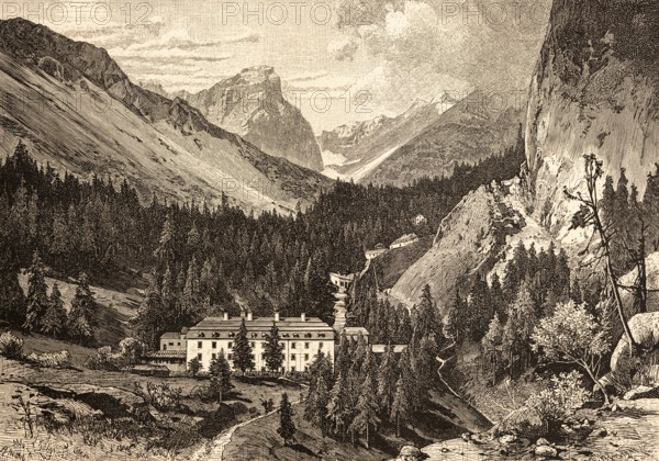 Halltal with the Haller Salzberg, Karwendel Mountains, Tyrol, valley forested with fir trees, rocky mountains, building, formerly salt mining, Austria, mountain landscape, historical illustration 1888