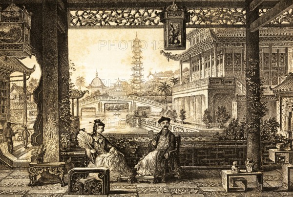 Palace in Beijing, China, view of river landscape, bridge, two distinguished Chinese people, man, woman, valuable furniture, pagodas, tables, stools, plants, tower, lamps, historical illustration 1888