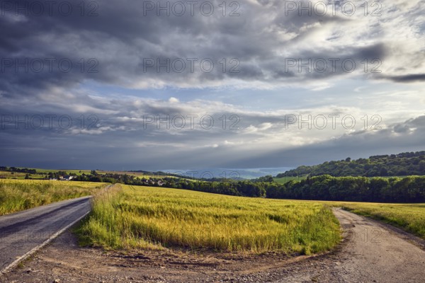 Landscape, hills, hilly landscape, confluence, dirt road, fields, cornfield, trees, meadow, haze, rain front, blue sky, cumulus clouds, nimbostratus clouds, dramatic image processing, Ralingen, Trier-Saarburg district, Rhineland-Palatinate, Germany
