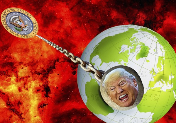 Symbolic image, Trump as a world wrecking ball, Europe and EU, Venezuela, Canada, Greenland, Denmark, Poland, Cuba, France, NATO, occupation threat, US democracy in danger, EU and Germany under political pressure, industry, Donald Trump, tariff threats, Elon Musk, Mark Zuckerberg, social networks, fake news, rights broken, hate, incitement, DSG Digital Services Act, re-election, USA, politics, announcements, revenge campaign, willed dictator, republican, US electoral system, global threat, lies, 2nd term, global burden, Ukrainian war, White House storm, Laws and courts repeal