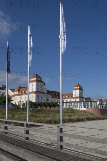 Spa hotel and beach, view from pier, Binz, seaside resort, Rügen island, Mecklenburg-Western Pomerania, Germany