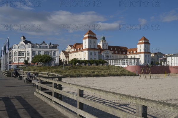 Spa hotel and beach, view from pier, Binz, seaside resort, Rügen island, Mecklenburg-Western Pomerania, Germany