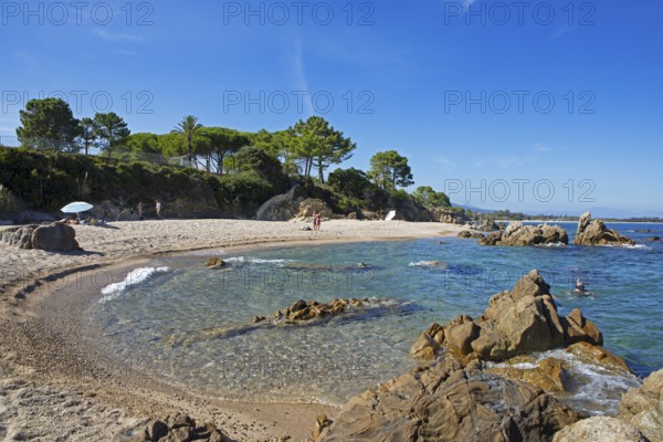 Bay on sandy beach, Solenzara on the Mediterranean Sea, Corse-du-Sud Department, Sartène Arrondissement, Bavella Canton, Alta Rocca Municipal Association, Corsica, France