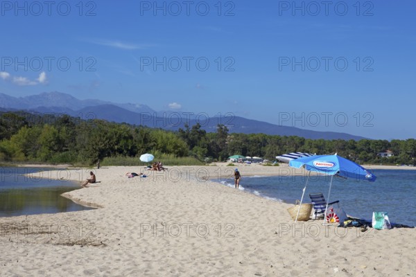 Mediterranean sandy beach in Solenzara, Corse-du-Sud Department, Sartène Arrondissement, Bavella Canton, Alta Rocca Municipal Association, Corsica, France