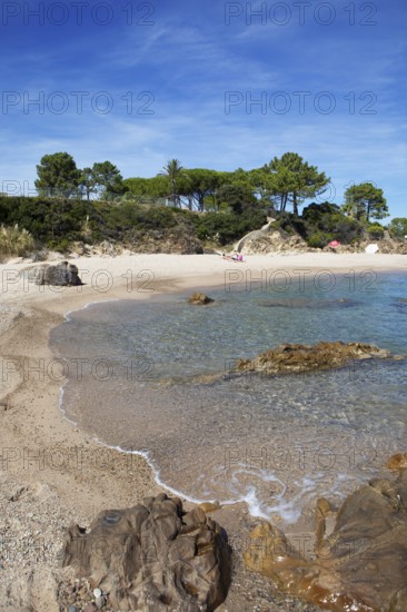 Bay on sandy beach, Solenzara on the Mediterranean Sea, Corse-du-Sud Department, Sartène Arrondissement, Bavella Canton, Alta Rocca Municipal Association, Corsica, France