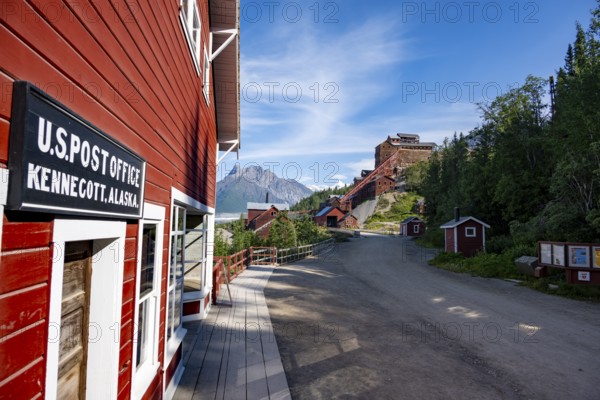 Red Kennicott buildings, Post Office and Kennicott Concentration Mill to extract copper from quarried rock, Historic Kennecott Copper Mine, National Historic Landmark, Wrangell St. Elias National Park, Alaska, USA