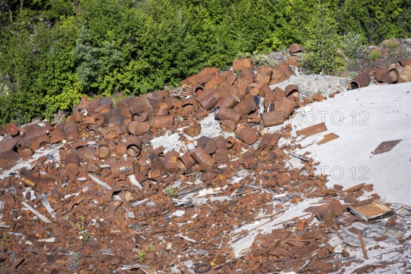 Rusting Scrap Metal, Barrels and Metal Scraps, Historic Kennecott Copper Mine, Wrangell, St. Elias National Park, Alaska, USA