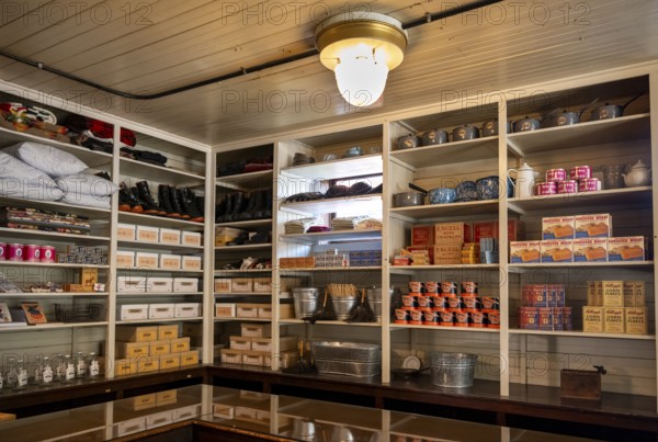 Interior view, historic restored Kennicott shopping store with historic goods display, retro food cans, grocery store, historic Kennecott copper mine, National Historic Landmark, Wrangell St. Elias National Park, Alaska
