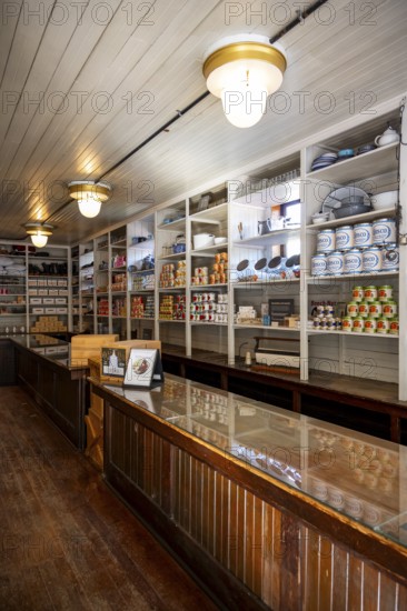 Interior view, historic restored Kennicott shopping store with historic goods display, retro food cans, historic Kennecott copper mine, National Historic Landmark, Wrangell St. Elias National Park, Alaska
