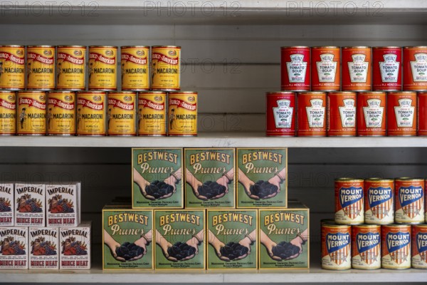 Interior view, historic restored Kennicott shopping store with historic goods display, retro food cans, historic Kennecott copper mine, National Historic Landmark, Wrangell St. Elias National Park, Alaska