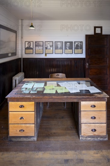 Interior view, desk in Kennicott General Manager's Office, Historic Kennecott Copper Mine, National Historic Landmark, Wrangell St. Elias National Park, Alaska