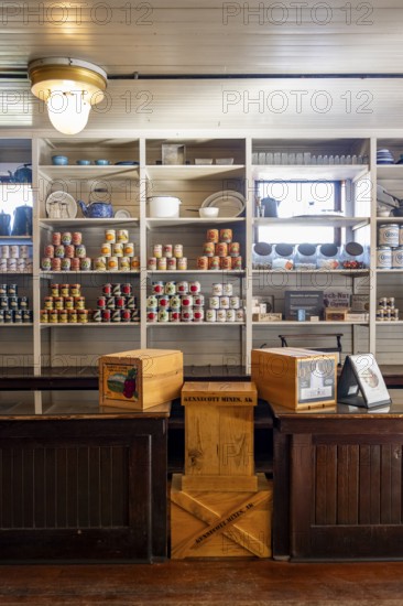 Interior view, historic restored Kennicott shopping store with historic goods display, Historic Kennecott Copper Mine, National Historic Landmark, Wrangell St. Elias National Park, Alaska