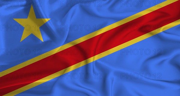 Realistic Democratic Republic of the Congo flag waving. Close up of flag of the Democratic Republic of the Congo with cloth texture