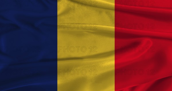 Flag of Chad with fabric textured background. Close up of National flag of Chad with realistic texture
