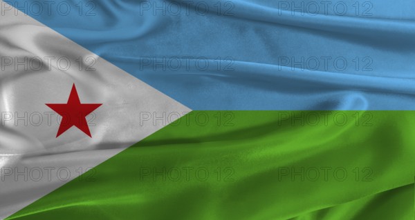 Flag of Djibouti with fabric textured background. Close up of National flag of Djibouti with realistic texture