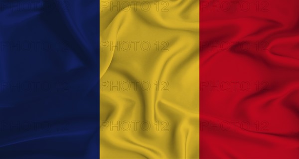 Realistic Chad flag waving. Close up of flag of Chad with cloth texture