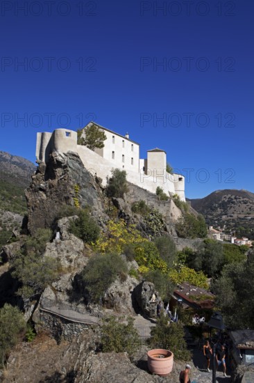 Citadel with the bastion Eagle's Nest, mountain town of Corte, on the right the village of Corte, Haute-Corse, Corsica, Mediterranean, France