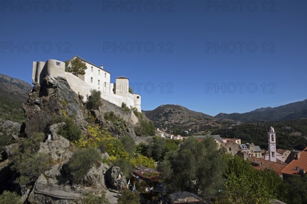 Citadel with the bastion Eagle's Nest, mountain town of Corte, on the right the village of Corte, Haute-Corse, Corsica, Mediterranean, France