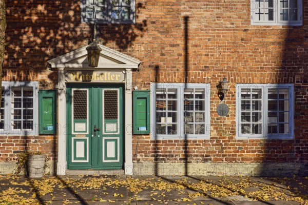 Historic Ratskeller restaurant, brick building, entrance, façade with windows and lamp, fallen leaves, shade of a tree, sunny, market square, town hall market, Eckernförde, Rendsburg-Eckernförde district, Schleswig-Holstein, Germany