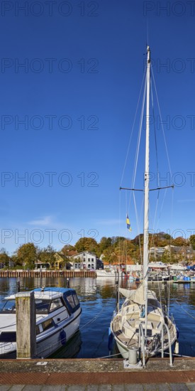 Sailboat, harbor, harbor basin, wharf, boats, duckdalves, general architecture, buildings, trees, blue sky, cirrus clouds, harbor road, Eckernförde, Rendsburg-Eckernförde district, Schleswig-Holstein, Germany