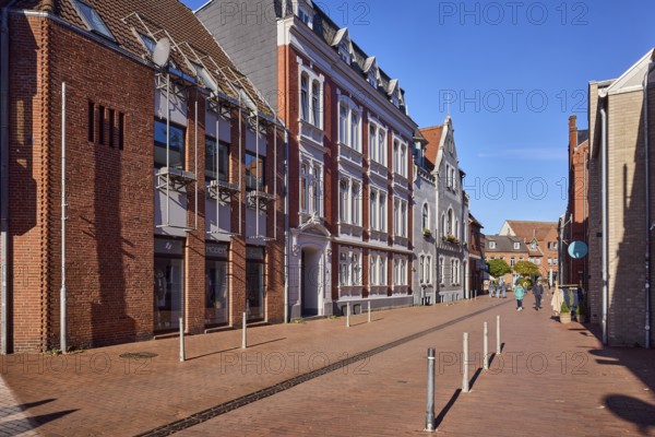 Residential buildings, modern architecture, historic residential buildings, windows, dormers, general architecture, barrier bollard, street, pedestrian as accessories, blue sky, cloudless, Frau-Clara-Straße, Eckernförde, Rendsburg-Eckernförde district, Schleswig-Holstein, Germany