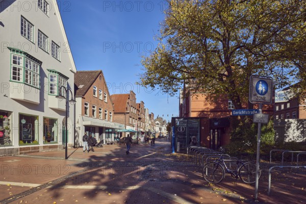 Pedestrian zone, houses, residential buildings and commercial buildings, brick houses, façade with windows and shop windows, gable, shops, shopping, retail, city center, lantern, trees, pedestrians as accessories, blue sky, cloudless, Gerichtstraße, Kieler Straße, Eckernförde, Rendsburg-Eckernförde district, Schleswig-Holstein, Germany
