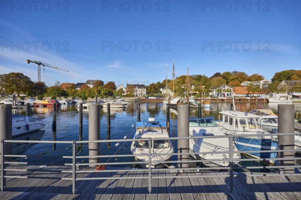 Harbour, quay, jetty, motor boats, duckdalbes, harbor basin, general architecture, crane, trees, blue sky, cirrus clouds, Eckernförde, Rendsburg-Eckernförde district, Schleswig-Holstein, Germany