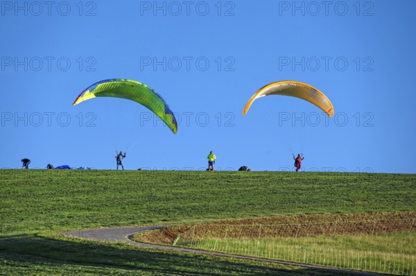 Paragliders on a hillside meadow, blue sky, Tauchersreuth, Middle Franconia, Bavaria, Germany