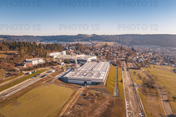 Factory complex in rural area with forest and roads, Glatten, Freudenstadt district, Germany