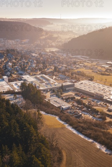 Industrial area in wooded, hilly landscape, Glatten, Freudenstadt district, Germany