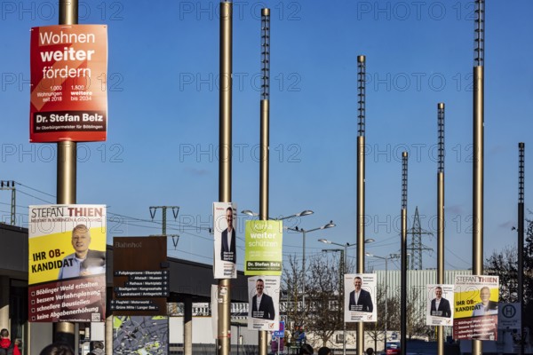 Mayor election in Böblingen. Election posters of OB candidates are hanging in front of the train station. Six candidates are on the ballot paper on January 25, 2026. Böblingen, Baden-Württemberg, Germany