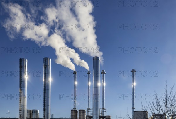 Smoking chimneys. Stainless steel fireplaces Symbolic photo. Böblingen, Baden-Württemberg, Germany